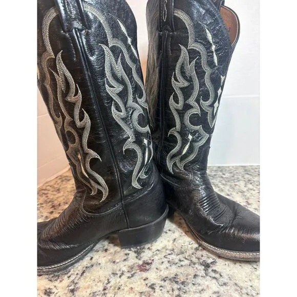 Tony Lama Western Cowboy Boots Black Leather Silver Embroidered Men size 7