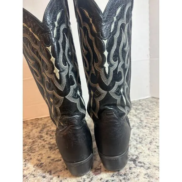 Tony Lama Western Cowboy Boots Black Leather Silver Embroidered Men size 7