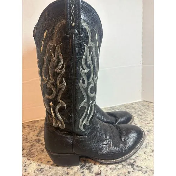 Tony Lama Western Cowboy Boots Black Leather Silver Embroidered Men size 7