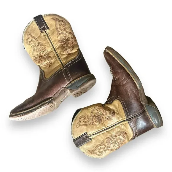 TONY LAMA Youth Brown &amp; Tan Leather Square Toe Cowboy Boots Size 2D | EUC