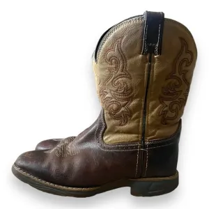 TONY LAMA Youth Brown &amp; Tan Leather Square Toe Cowboy Boots Size 2D | EUC