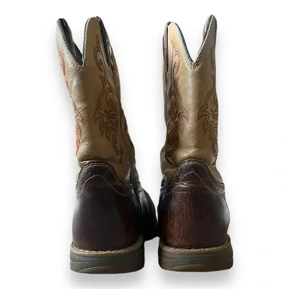 TONY LAMA Youth Brown &amp; Tan Leather Square Toe Cowboy Boots Size 2D | EUC