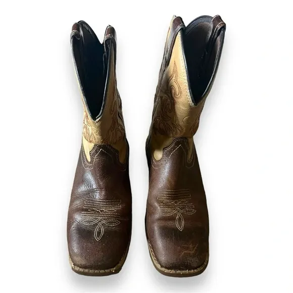 TONY LAMA Youth Brown &amp; Tan Leather Square Toe Cowboy Boots Size 2D | EUC