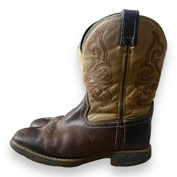 TONY LAMA Youth Brown &amp; Tan Leather Square Toe Cowboy Boots Size 2D | EUC