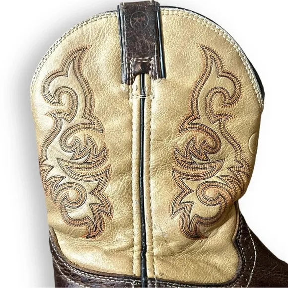 TONY LAMA Youth Brown &amp; Tan Leather Square Toe Cowboy Boots Size 2D | EUC