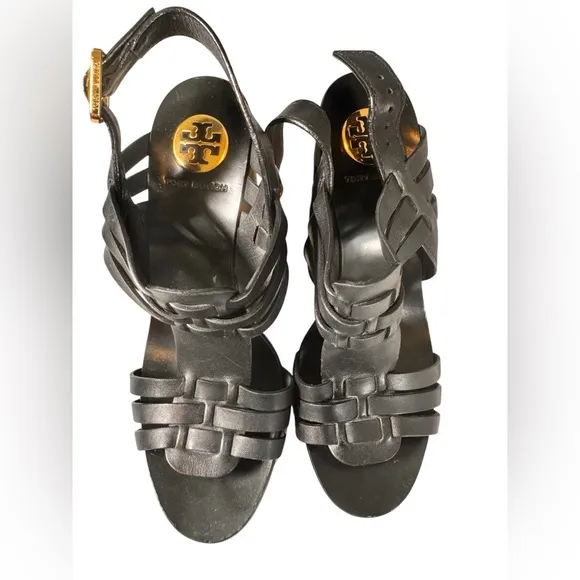 Tory Burch Black Leather Braided Woven Platform Wedge Sandal size 8M EUC
