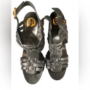 Tory Burch Black Leather Braided Woven Platform Wedge Sandal size 8M EUC