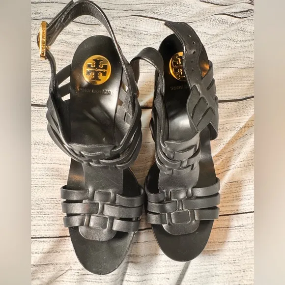Tory Burch Black Leather Braided Woven Platform Wedge Sandal size 8M EUC