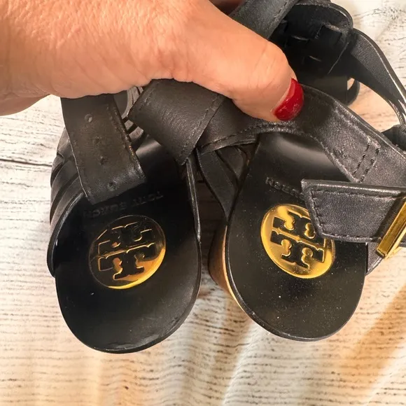 Tory Burch Black Leather Braided Woven Platform Wedge Sandal size 8M EUC