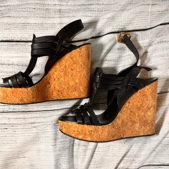 Tory Burch Black Leather Braided Woven Platform Wedge Sandal size 8M EUC