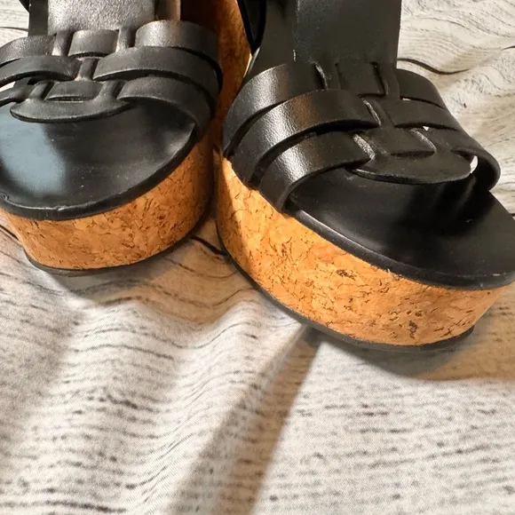 Tory Burch Black Leather Braided Woven Platform Wedge Sandal size 8M EUC