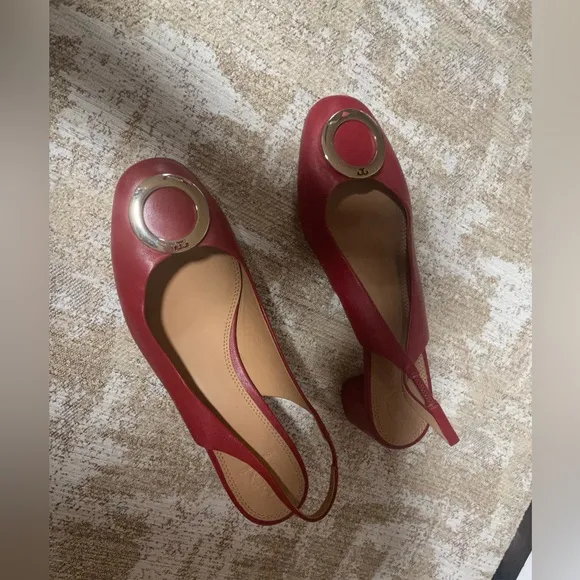 Tory Burch Caterina Pump SLIP ON SHOE GOLD LOGO RED LEATHER BLOCK Heel