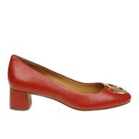 Tory Burch Caterina Pump SLIP ON SHOE GOLD LOGO RED LEATHER BLOCK Heel
