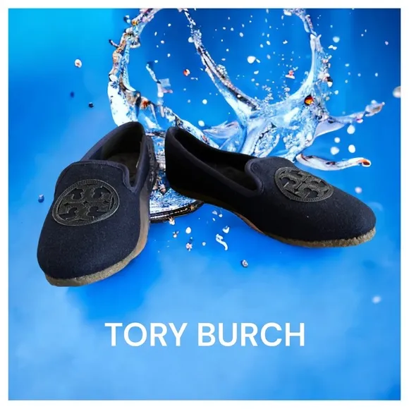 TORY BURCH NAVY BLUE NEW BOX SHOES LAMB FUR LOGO BILLY SLIPPERS 5