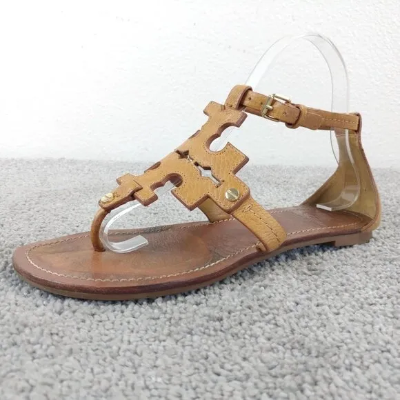 TORY BURCH Phoebe Thong Sandals Womens Size 7 Shoes Royal Tan Brown Leather