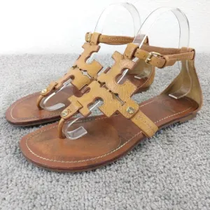 TORY BURCH Phoebe Thong Sandals Womens Size 7 Shoes Royal Tan Brown Leather