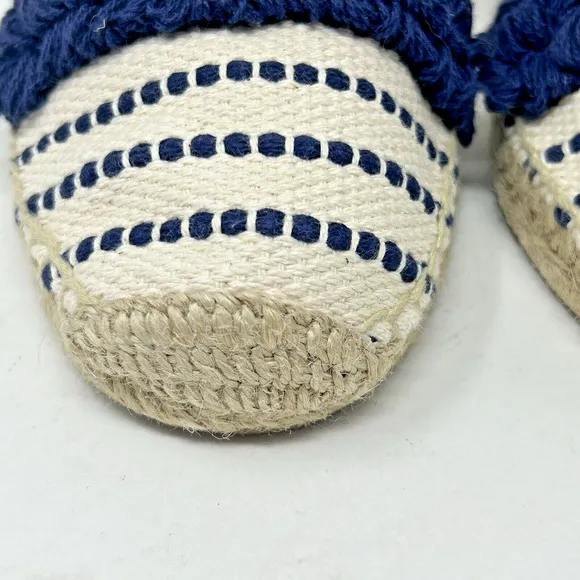 Tory Burch Shaw Fringe Espadrille Flats Size 10 Ivory Blue Stripe Gold Logo