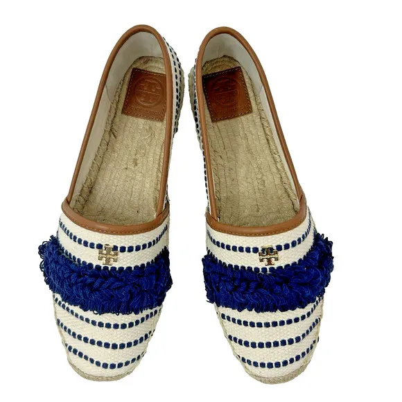 Tory Burch Shaw Fringe Espadrille Flats Size 10 Ivory Blue Stripe Gold Logo