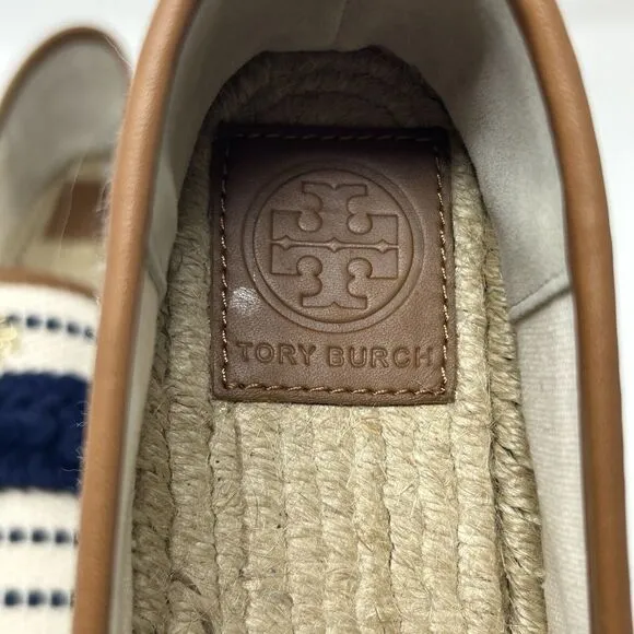 Tory Burch Shaw Fringe Espadrille Flats Size 10 Ivory Blue Stripe Gold Logo