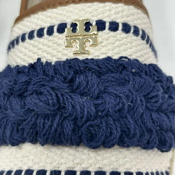 Tory Burch Shaw Fringe Espadrille Flats Size 10 Ivory Blue Stripe Gold Logo
