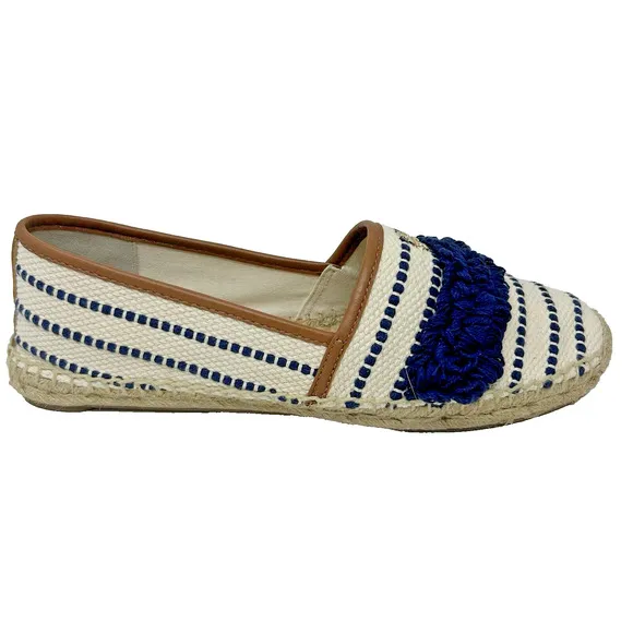 Tory Burch Shaw Fringe Espadrille Flats Size 10 Ivory Blue Stripe Gold Logo