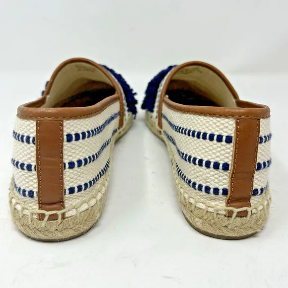 Tory Burch Shaw Fringe Espadrille Flats Size 10 Ivory Blue Stripe Gold Logo