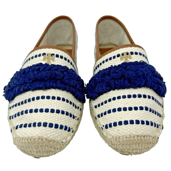Tory Burch Shaw Fringe Espadrille Flats Size 10 Ivory Blue Stripe Gold Logo