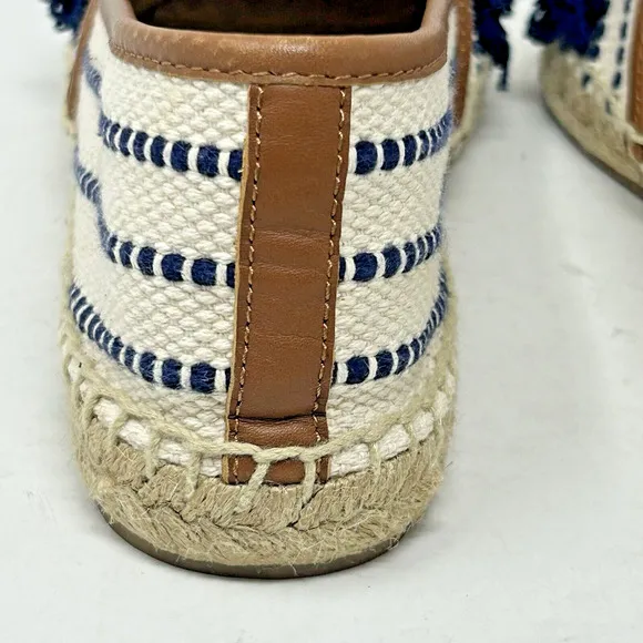 Tory Burch Shaw Fringe Espadrille Flats Size 10 Ivory Blue Stripe Gold Logo