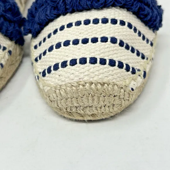 Tory Burch Shaw Fringe Espadrille Flats Size 10 Ivory Blue Stripe Gold Logo