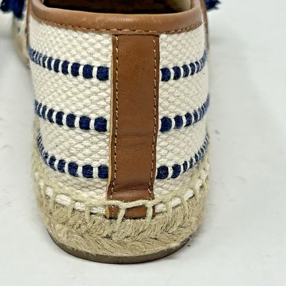 Tory Burch Shaw Fringe Espadrille Flats Size 10 Ivory Blue Stripe Gold Logo