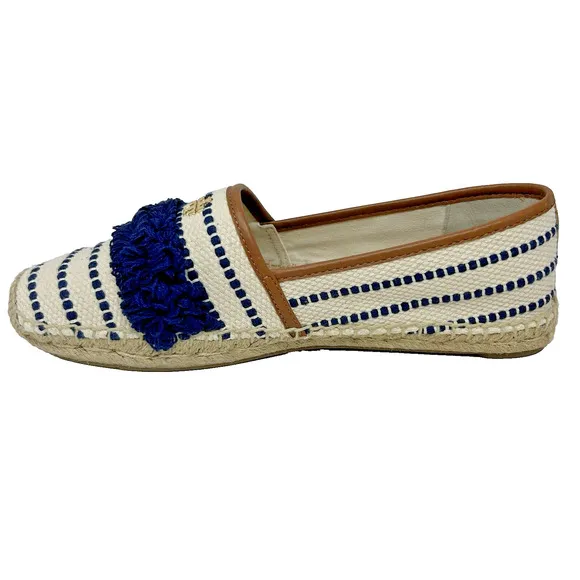 Tory Burch Shaw Fringe Espadrille Flats Size 10 Ivory Blue Stripe Gold Logo