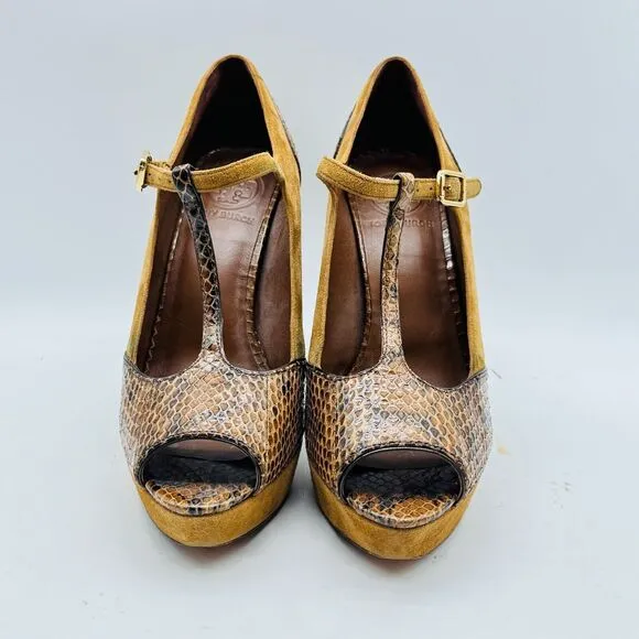 Tory Burch Shoes Womens 7.5 Brown Leather Suede Sandals Heels Peep Toe T Strap