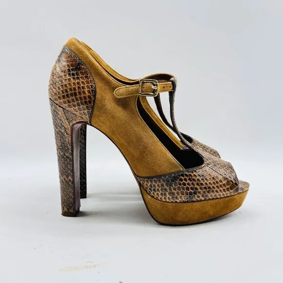 Tory Burch Shoes Womens 7.5 Brown Leather Suede Sandals Heels Peep Toe T Strap