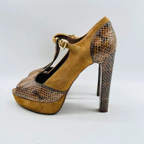Tory Burch Shoes Womens 7.5 Brown Leather Suede Sandals Heels Peep Toe T Strap