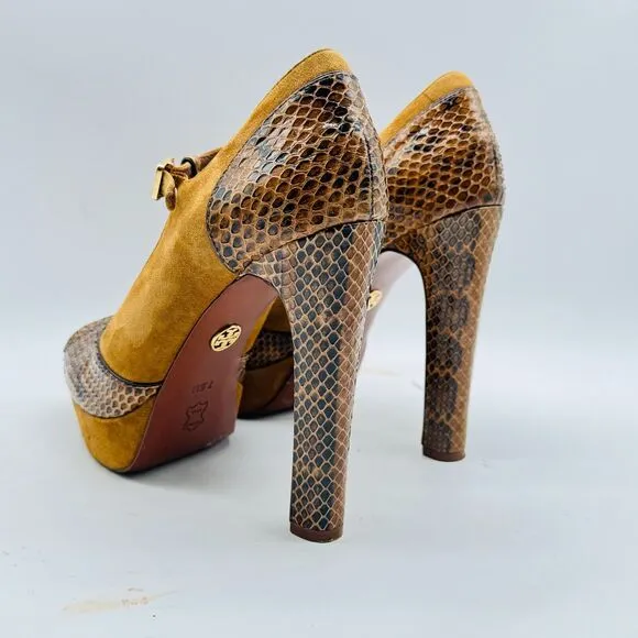 Tory Burch Shoes Womens 7.5 Brown Leather Suede Sandals Heels Peep Toe T Strap