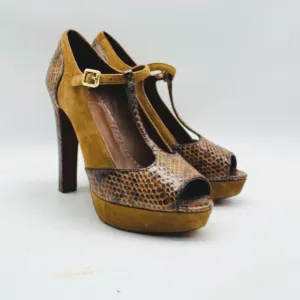Tory Burch Shoes Womens 7.5 Brown Leather Suede Sandals Heels Peep Toe T Strap