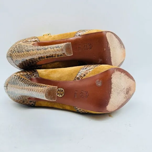 Tory Burch Shoes Womens 7.5 Brown Leather Suede Sandals Heels Peep Toe T Strap