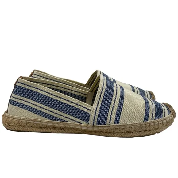Tory Burch Womens Shoes Espadrille Slip On Flats 10.5 Blue Cream Canvas Designer
