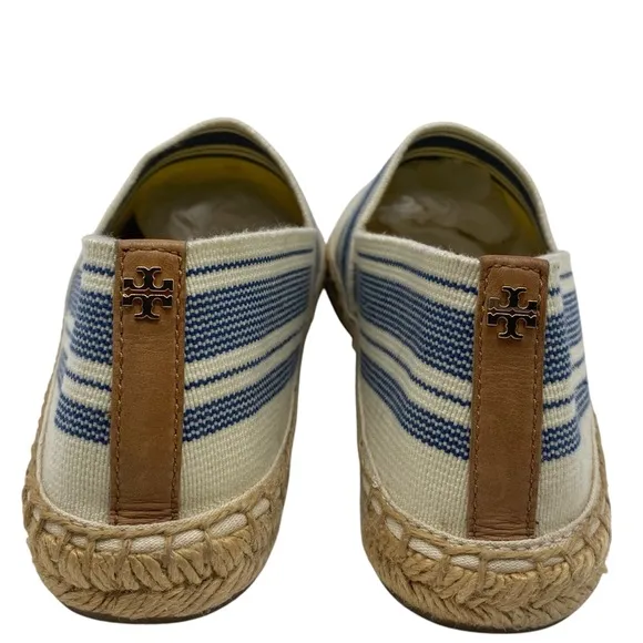 Tory Burch Womens Shoes Espadrille Slip On Flats 10.5 Blue Cream Canvas Designer