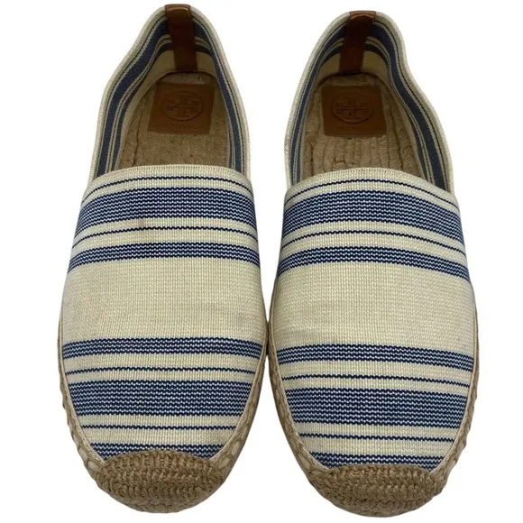 Tory Burch Womens Shoes Espadrille Slip On Flats 10.5 Blue Cream Canvas Designer