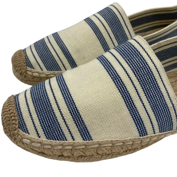 Tory Burch Womens Shoes Espadrille Slip On Flats 10.5 Blue Cream Canvas Designer