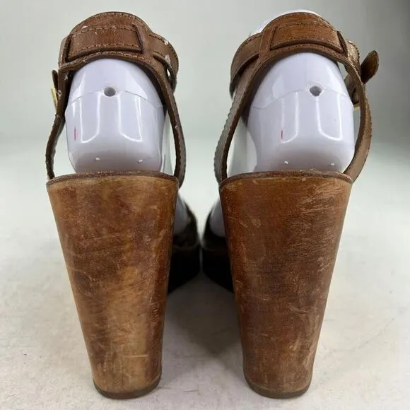 Tory Burch Women's Wooden Wedge Heels Sandals US 9.5 M Brown Ankle-Strap Shoes