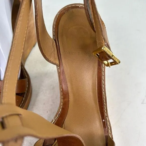 Tory Burch Women's Wooden Wedge Heels Sandals US 9.5 M Brown Ankle-Strap Shoes