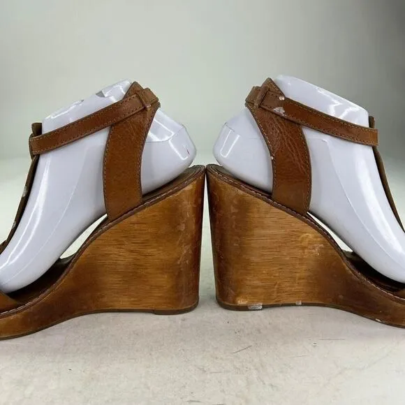 Tory Burch Women's Wooden Wedge Heels Sandals US 9.5 M Brown Ankle-Strap Shoes