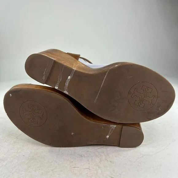 Tory Burch Women's Wooden Wedge Heels Sandals US 9.5 M Brown Ankle-Strap Shoes