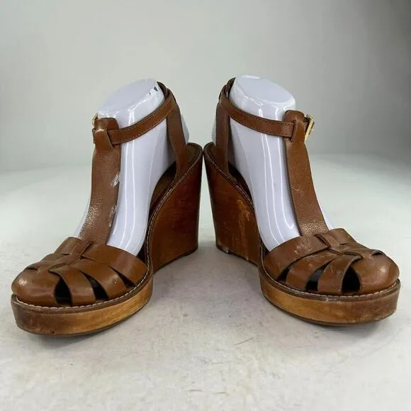 Tory Burch Women's Wooden Wedge Heels Sandals US 9.5 M Brown Ankle-Strap Shoes