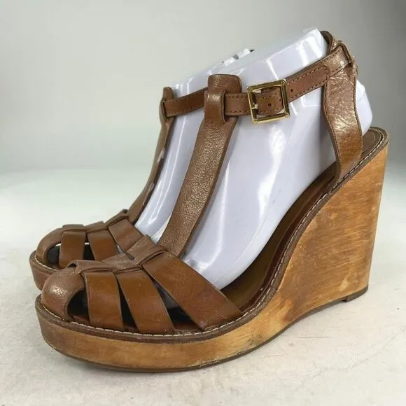 Tory Burch Women's Wooden Wedge Heels Sandals US 9.5 M Brown Ankle-Strap Shoes