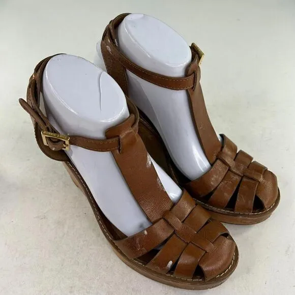 Tory Burch Women's Wooden Wedge Heels Sandals US 9.5 M Brown Ankle-Strap Shoes