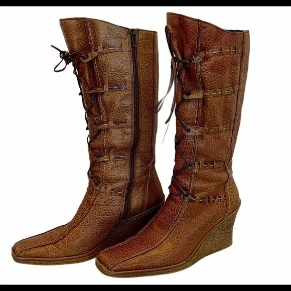 Town shoes brown leather lace up wedge boots size 39