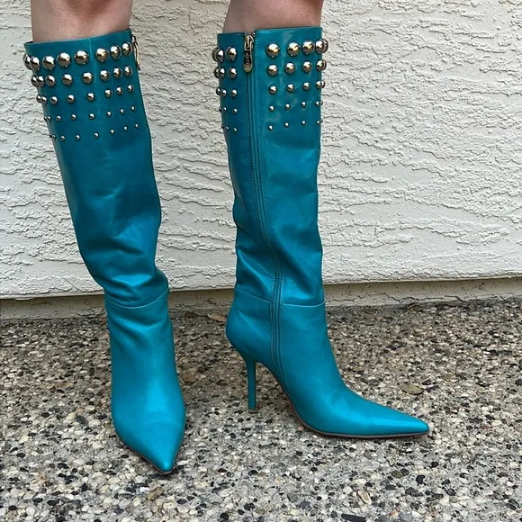 Turquoise High Heel Pointed Toe Leather Boots